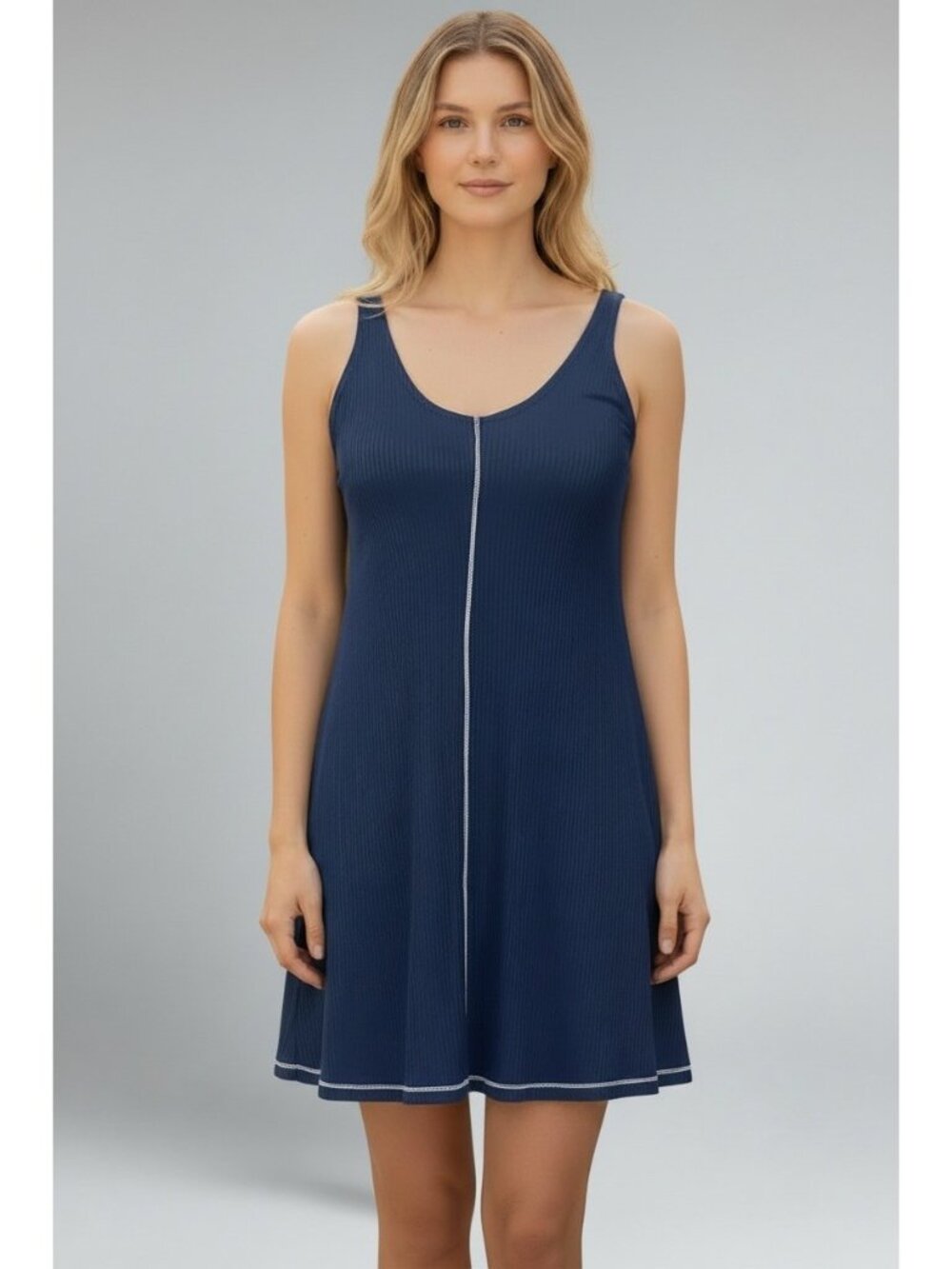 Good Luck Gem  Double-V, Ribbed Mini Tank Dress, Navy